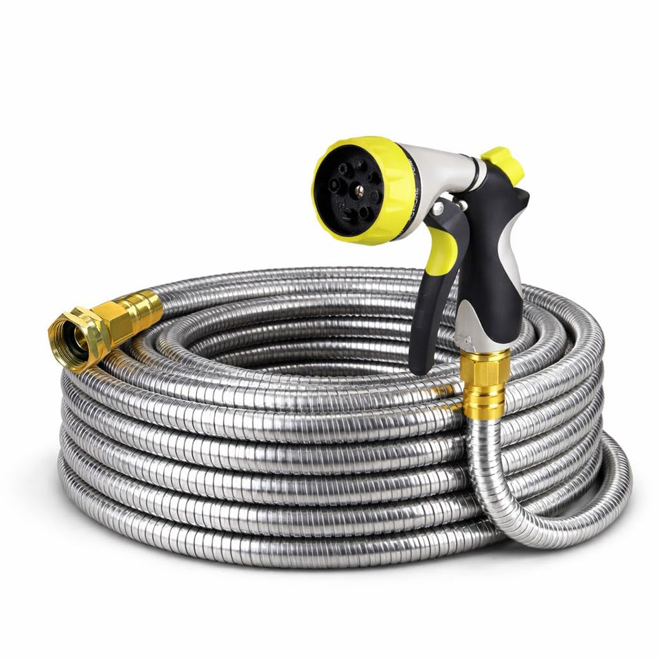 Holldoor metal hose 25ft stored in coil for easy outdoor use