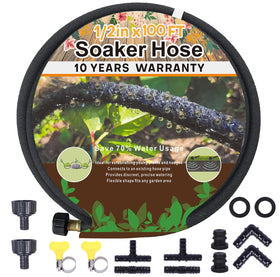 Holldoor 100ft soaker hose laid on a garden bed showing even water distribution to roots