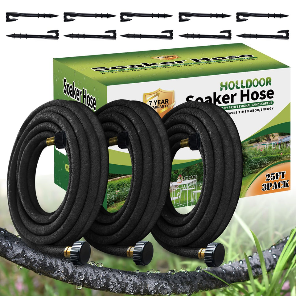 Holldoor soaker hose 25ft 3-pack for compact, efficient garden watering.