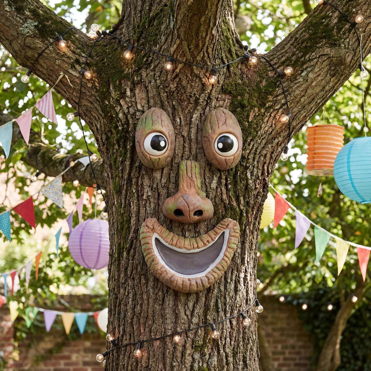 Hollowfly resin tree face garden statue with sunproof finish withstands weather.
