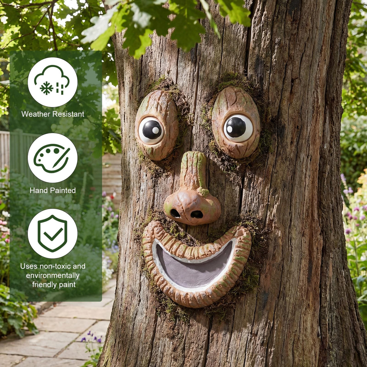 Hollowfly tree face nose detail showcases charming features in garden decor.