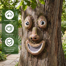 Hollowfly tree face nose detail showcases charming features in garden decor.