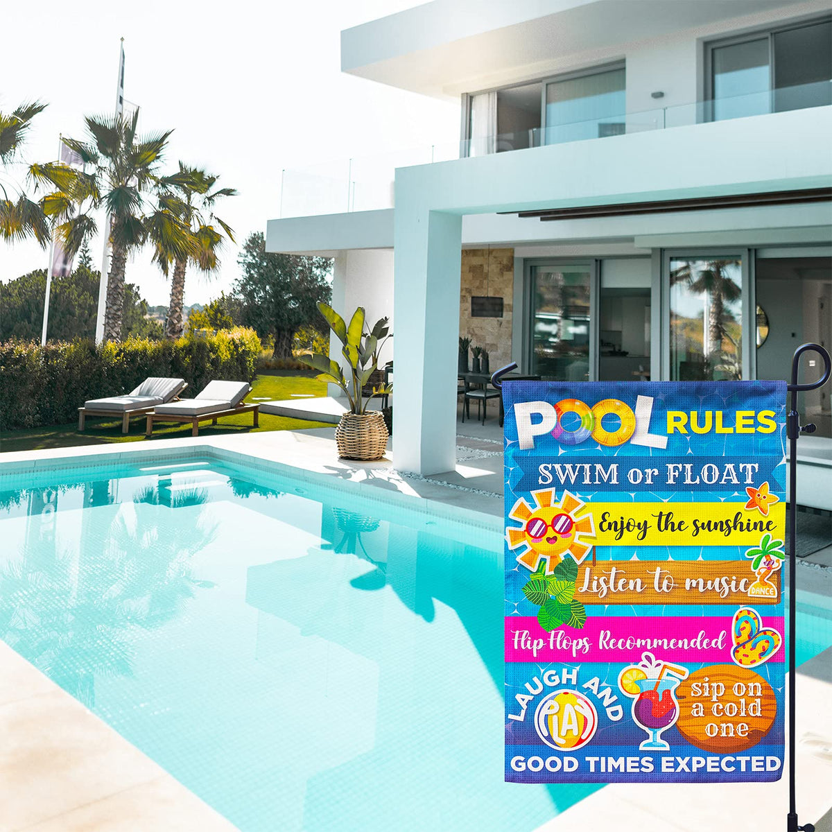 Hollyhorse pool rules flag back view with the same print visible from behind.