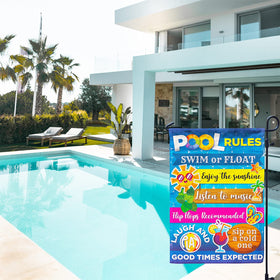 Hollyhorse pool rules flag back view with the same print visible from behind.