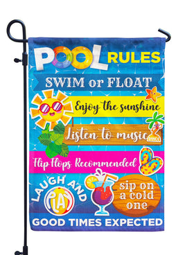 Hollyhorse pool rules flag front view with durable burlap and welcoming design.