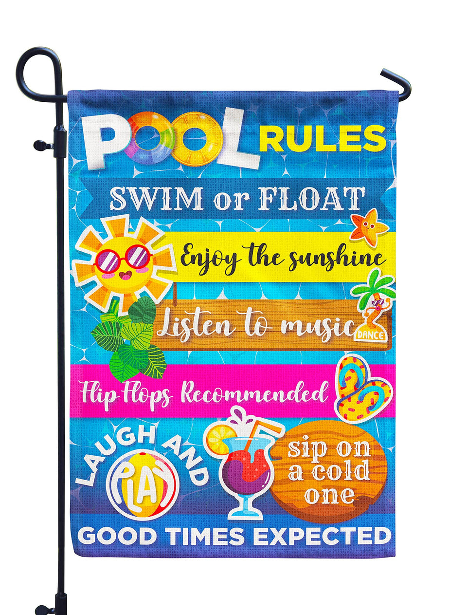 Hollyhorse pool rules flag front view with durable burlap and welcoming design.