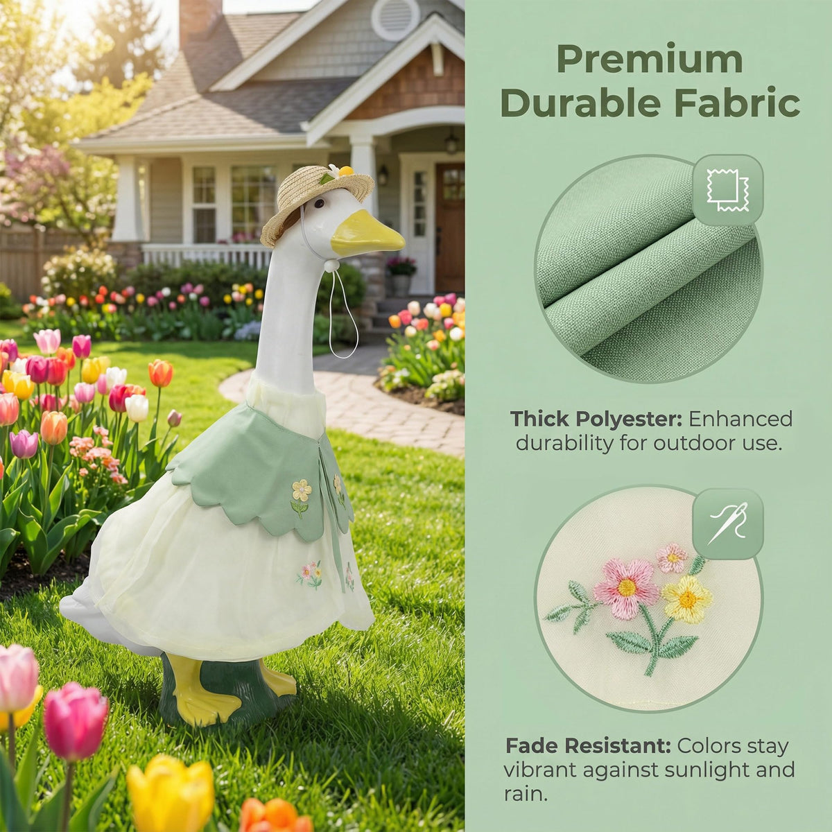 Holoith goose statue with outfit creates seasonal yard appeal.