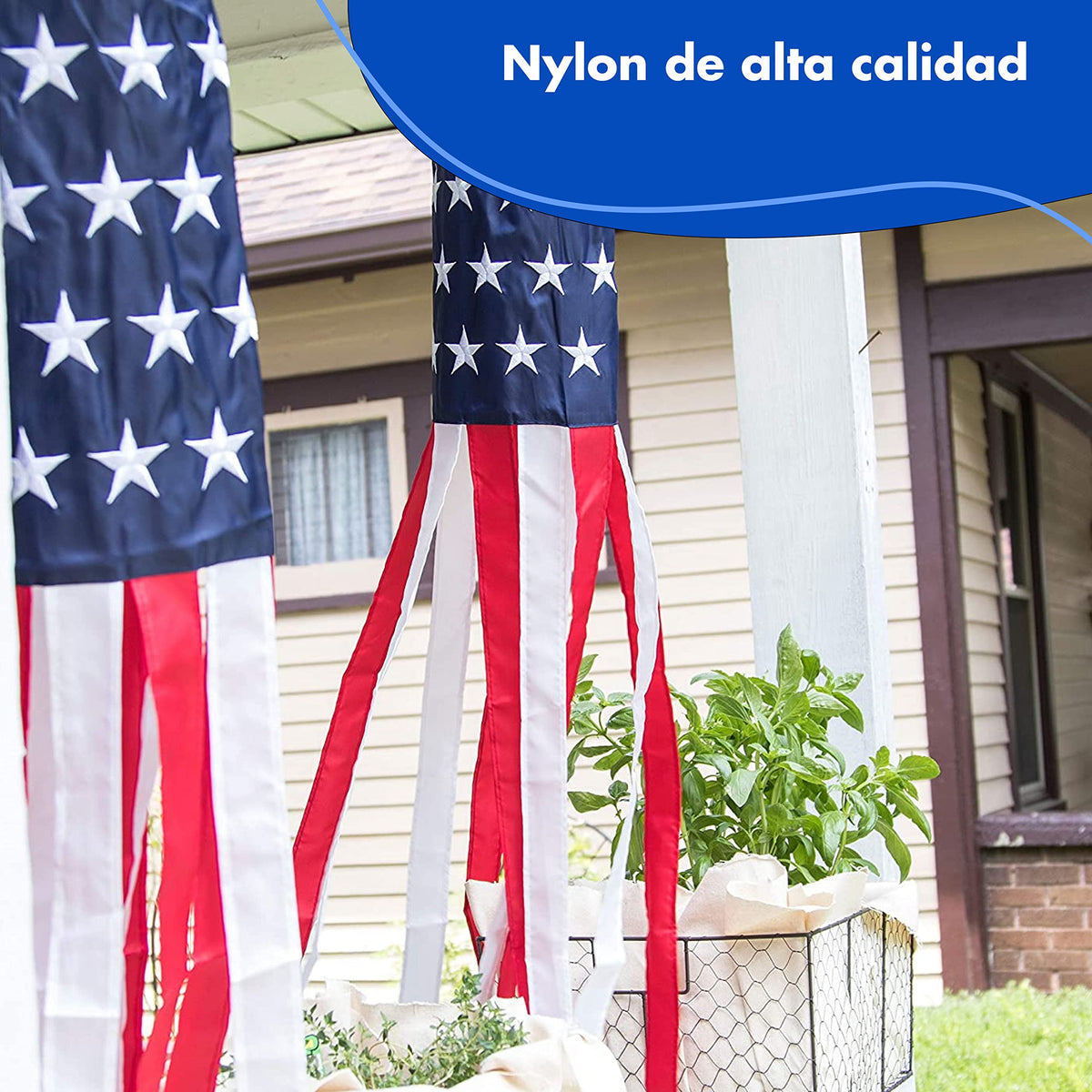 Homarden windsock close-up shows embroidered stars on durable nylon for long-lasting outdoor decor.