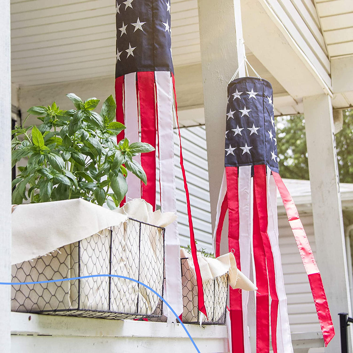 Homarden Halloween-ready windsock accents spooky yard scenes with patriotic flair.