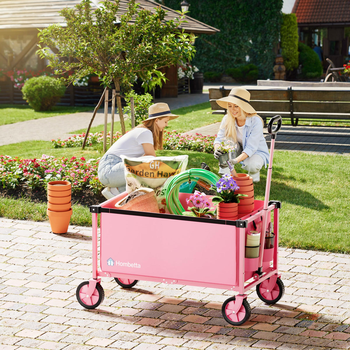 HOMBETTA all-terrain wheels gliding on grass for outdoor use.