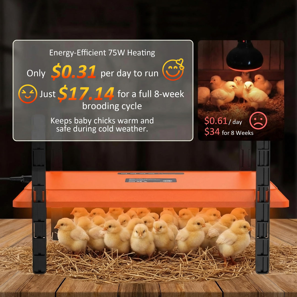 Homcolorful brooder plate side profile showing compact 75W heat output