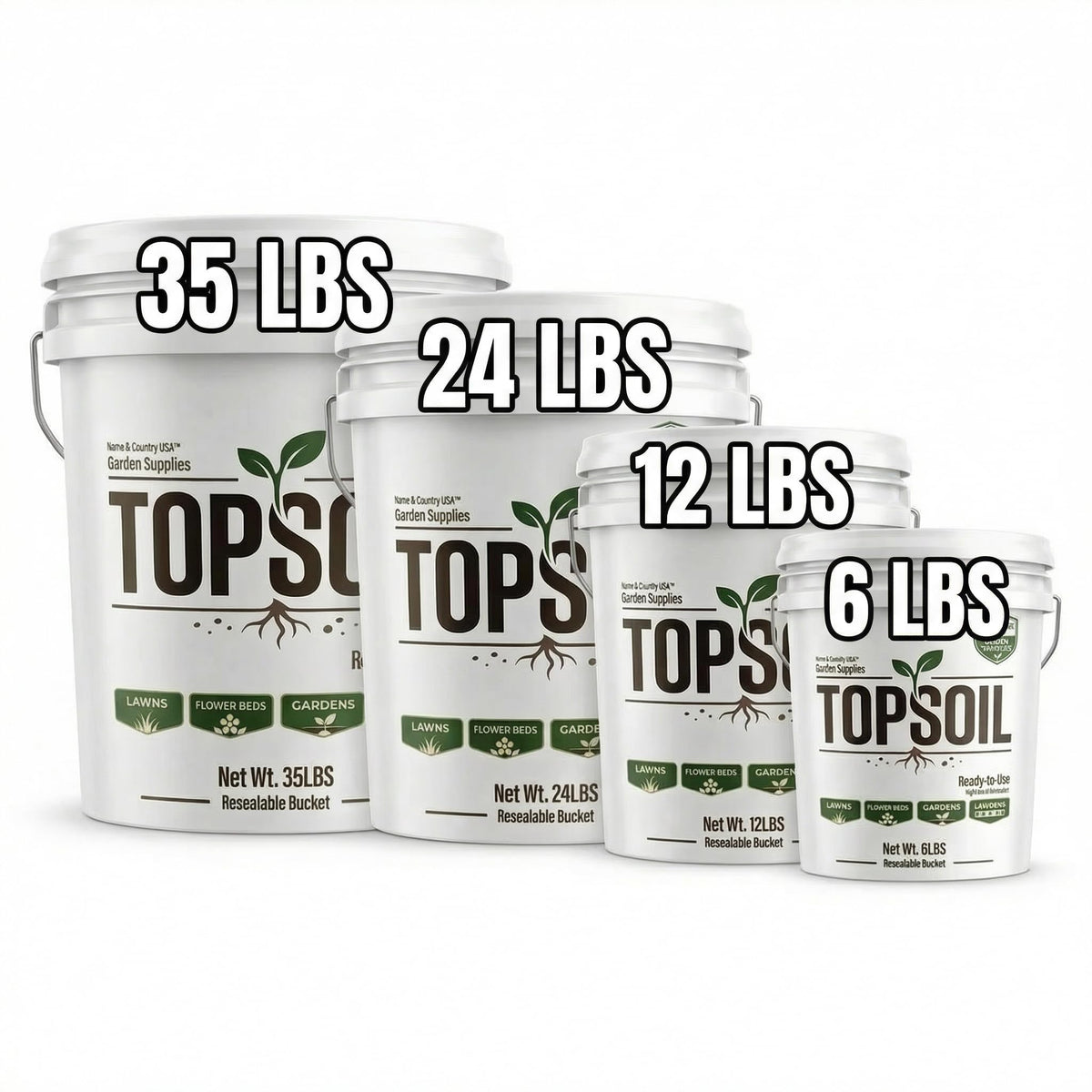 Home and Country USA container garden soil use emphasizes easy, mess-free setup.