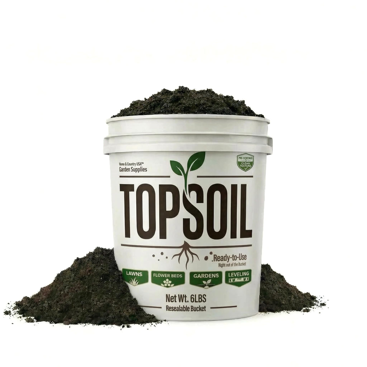 Home and Country USA topsoil pail closeup showing rich texture for healthy roots.