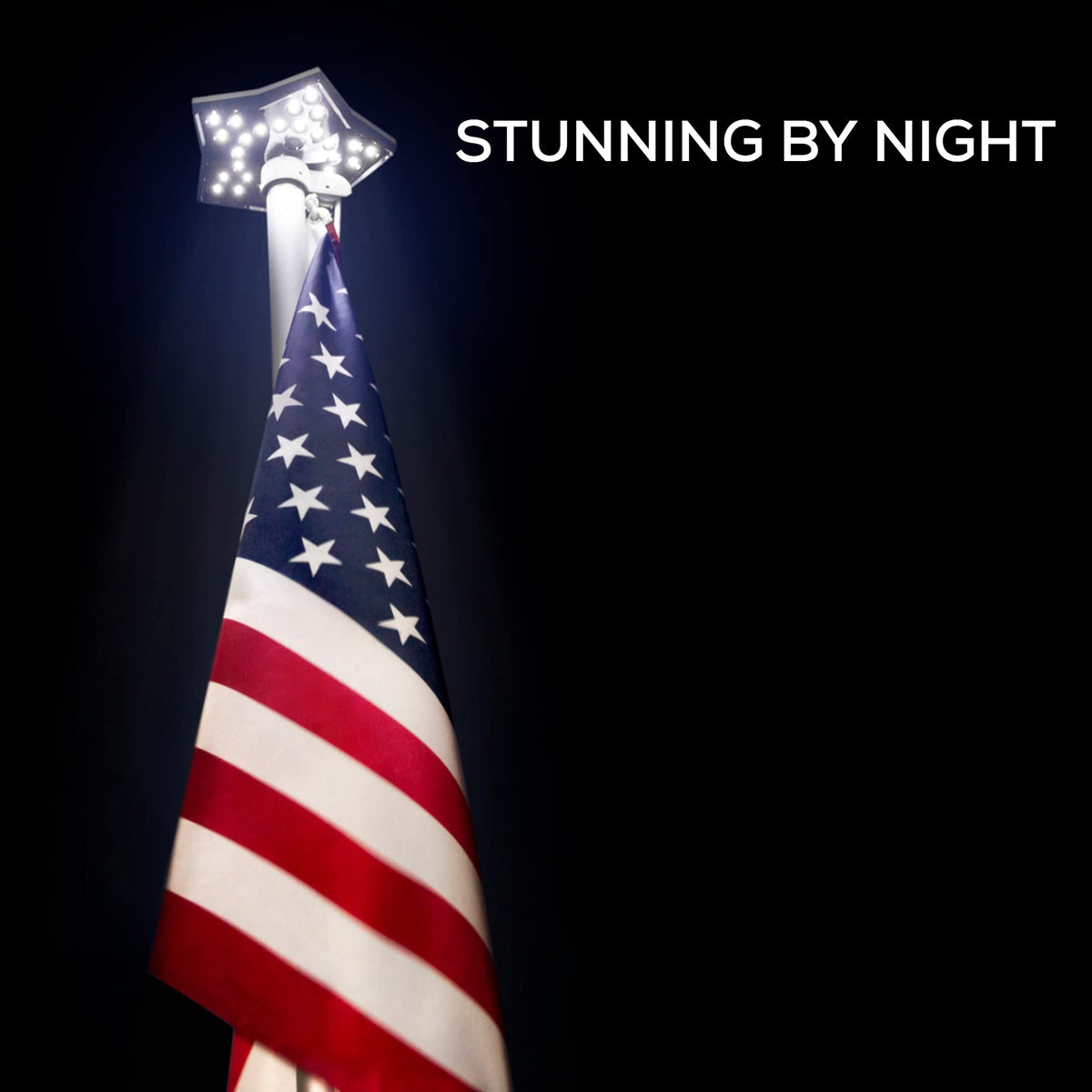 HOME DEPUTY larger solar panels capture sun for brighter nighttime flag coverage.