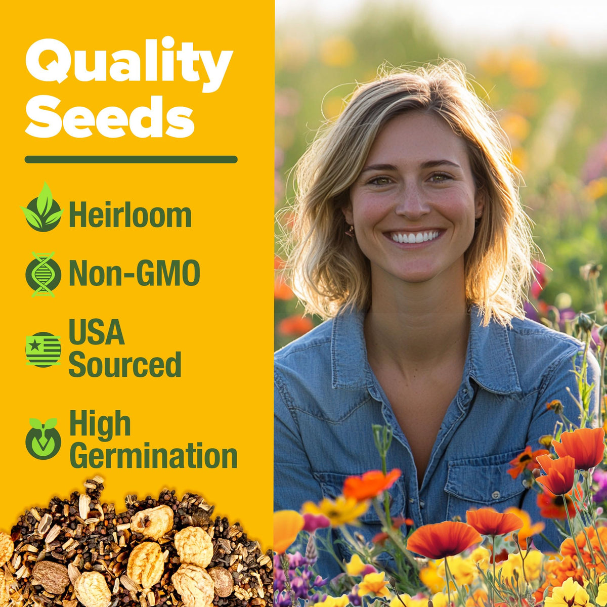 HOME GROWN 22-variety wildflower mix shown as colorful seed blend for vibrant outdoor spaces.