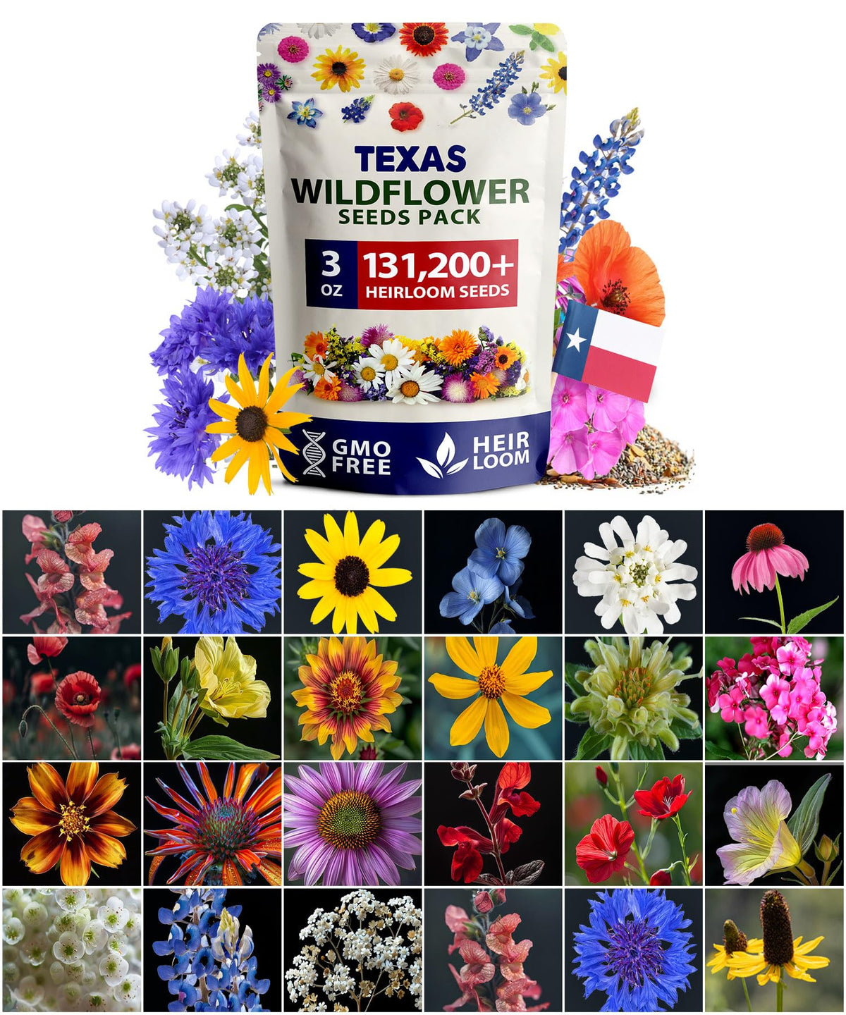 HOME GROWN 131,200+ wildflower seeds bag showing diverse mix for pollinator gardens.