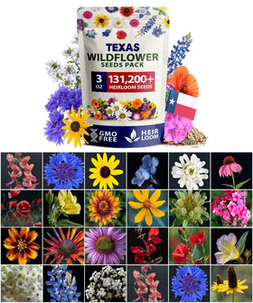 HOME GROWN 131,200+ wildflower seeds bag showing diverse mix for pollinator gardens.