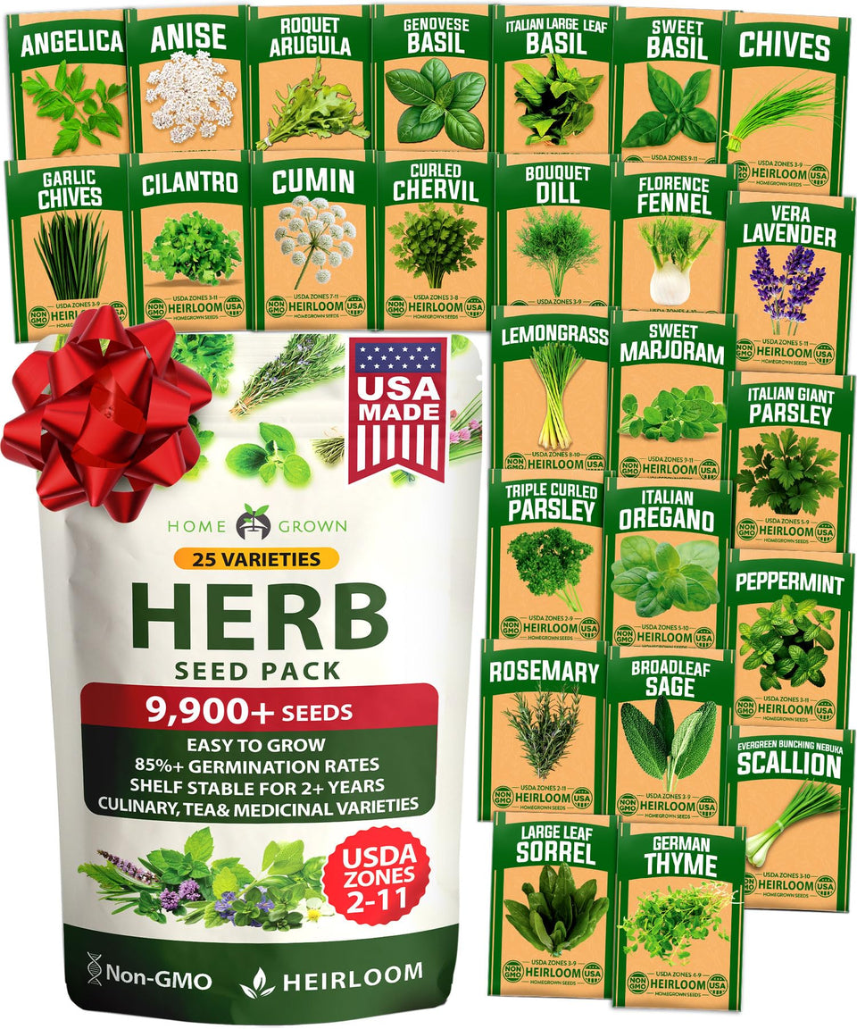 HOME GROWN 25 herbs pack seeds close-up for indoor herb gardening
