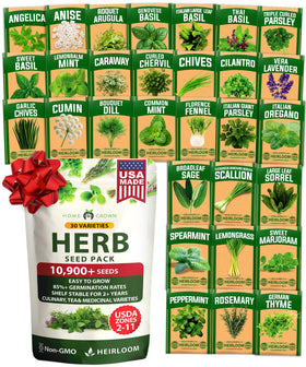 HOME GROWN 30 herb seeds pack showing diverse varieties for year-round fresh herbs.