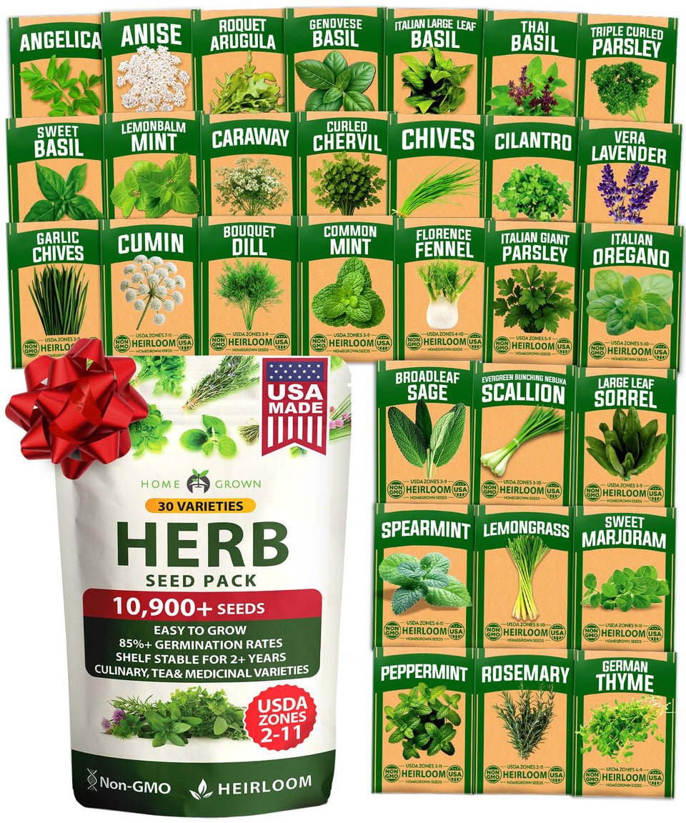 HOME GROWN 30 herb seeds pack showing diverse varieties for year-round fresh herbs.