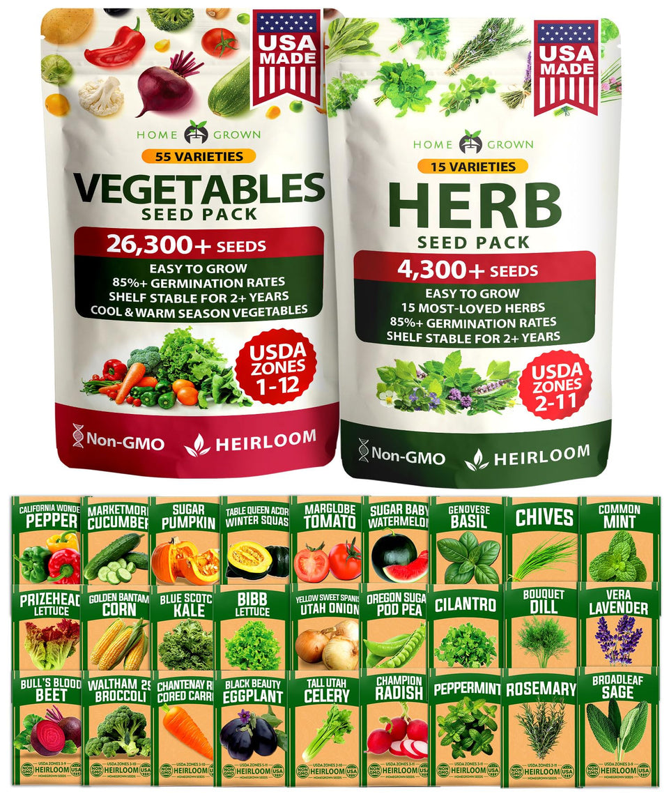 HOME GROWN 70-Variety Seeds bundle on display shows diverse options for home gardens.