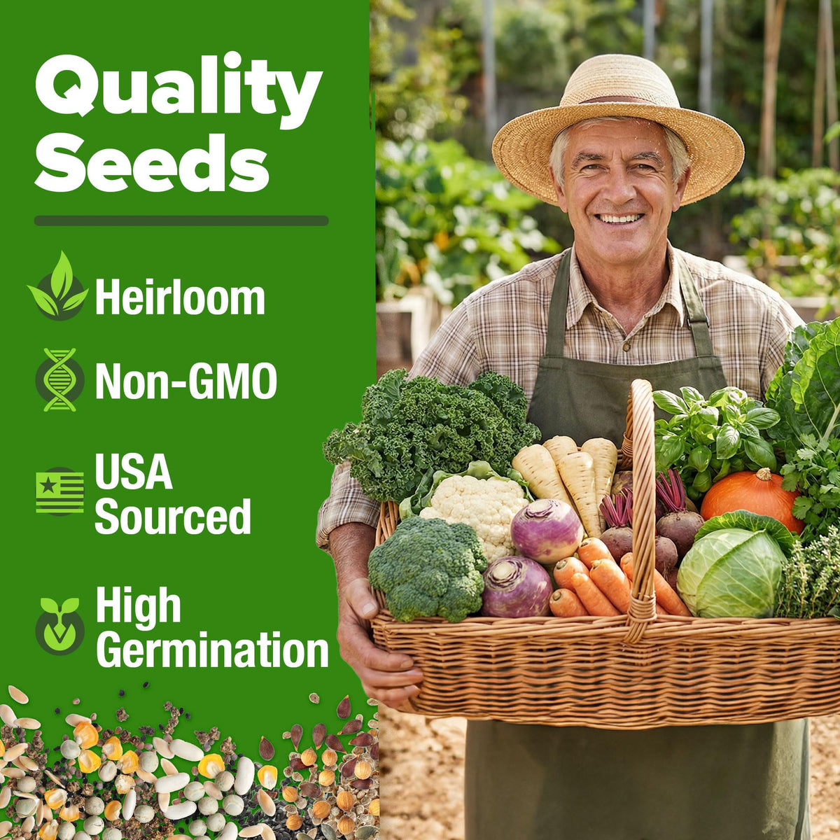 HOME GROWN 70-Variety seeds packaging closeup highlights airtight mylar freshness.