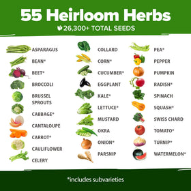 HOME GROWN herb and vegetable varieties chart shows 70 options for planning.