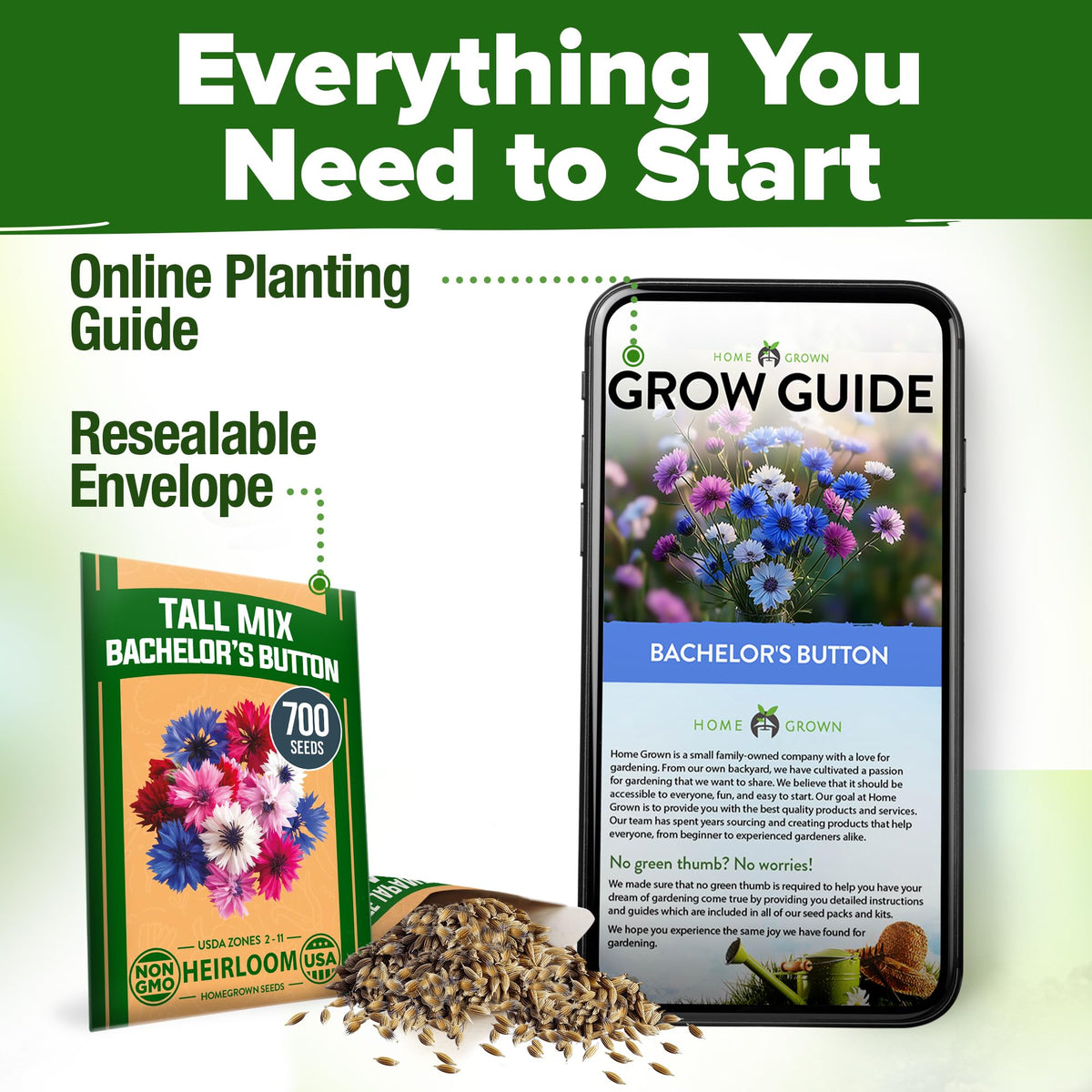 HOME GROWN Bachelor Button seeds easy-to-grow annuals for quick garden magic.