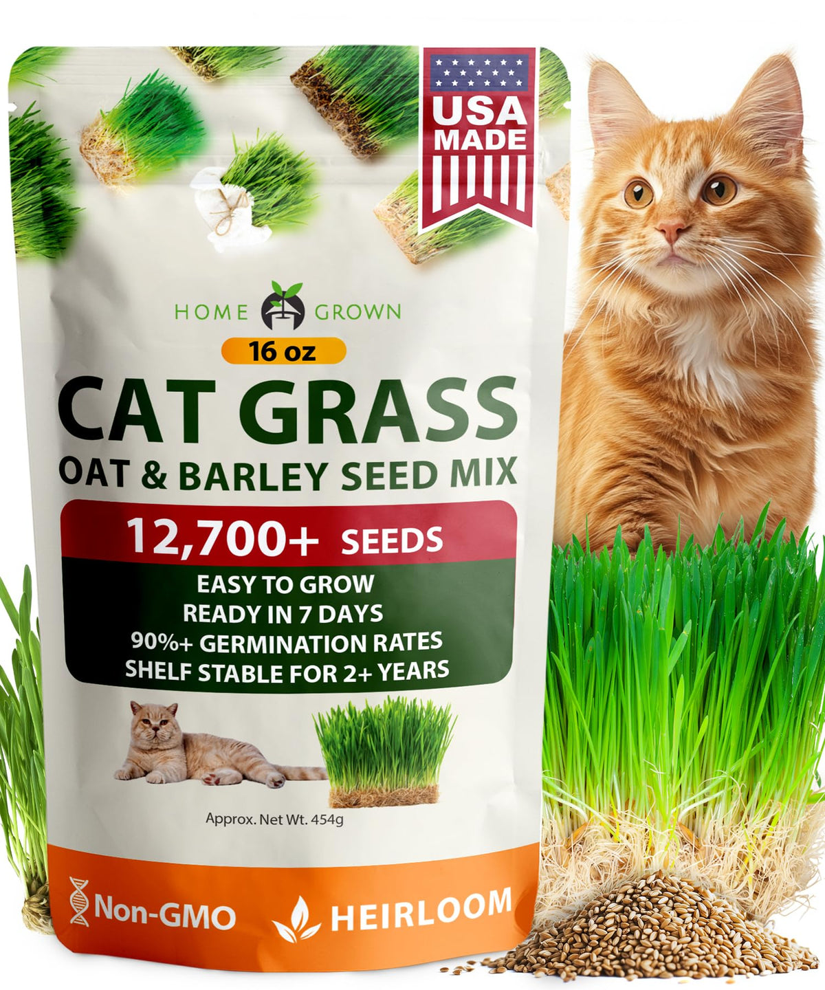 HOME GROWN cat grass seeds bag for fresh, chewable greens.