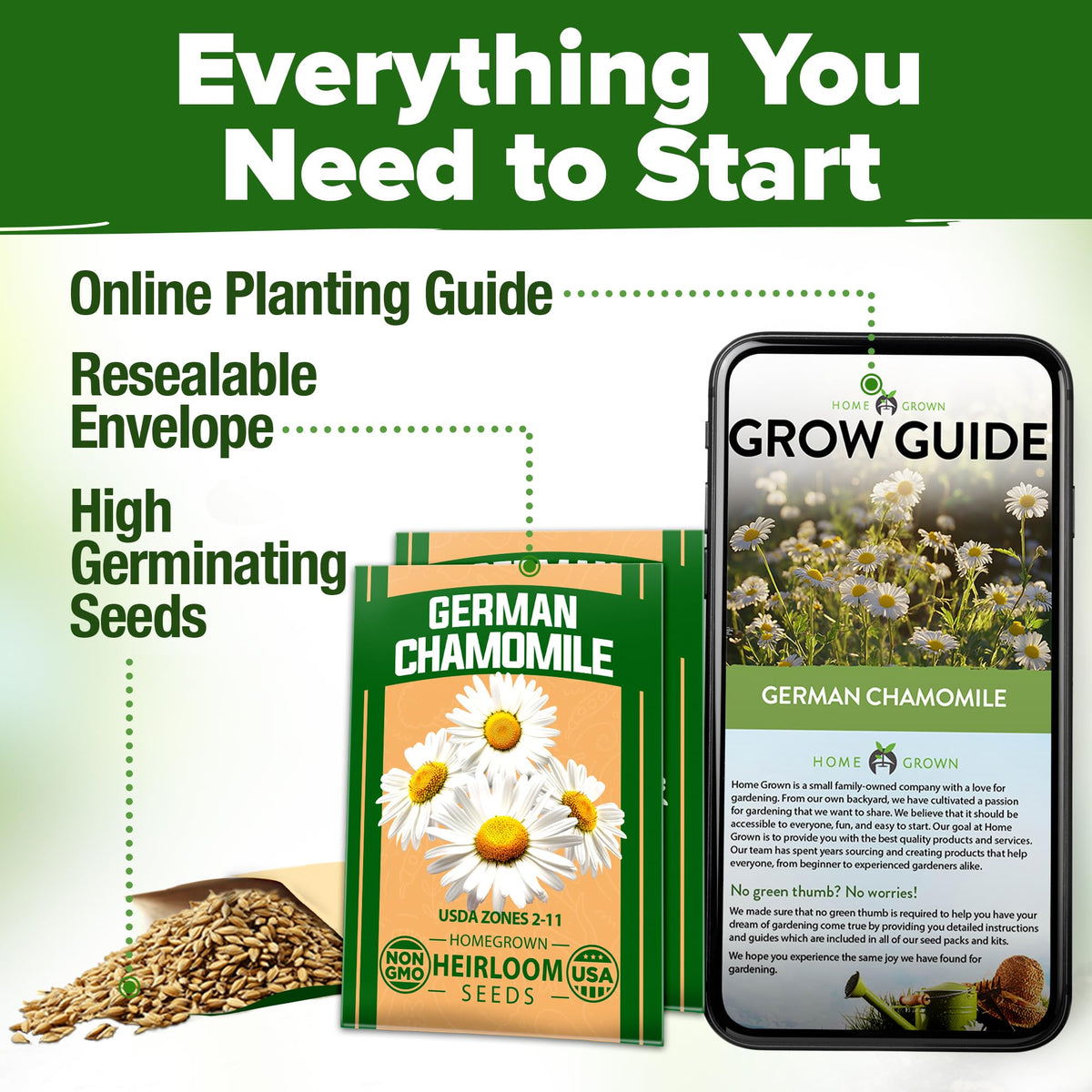 HOME GROWN chamomile seeds germinate in 7-14 days for quick blooms.