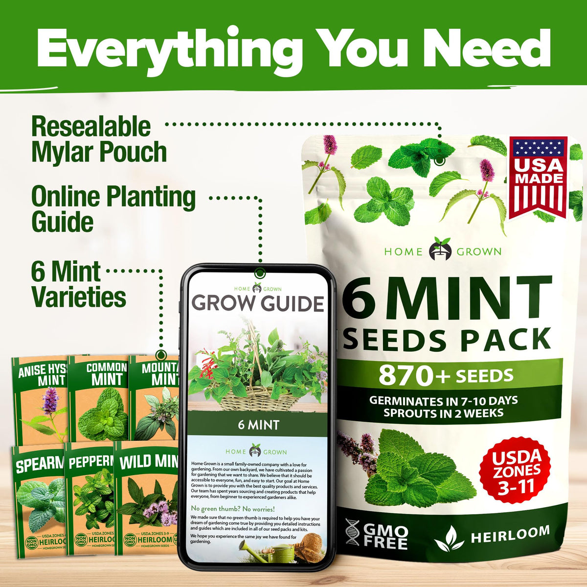 HOME GROWN gift-pack mint seeds ideal for gardeners and herb lovers.