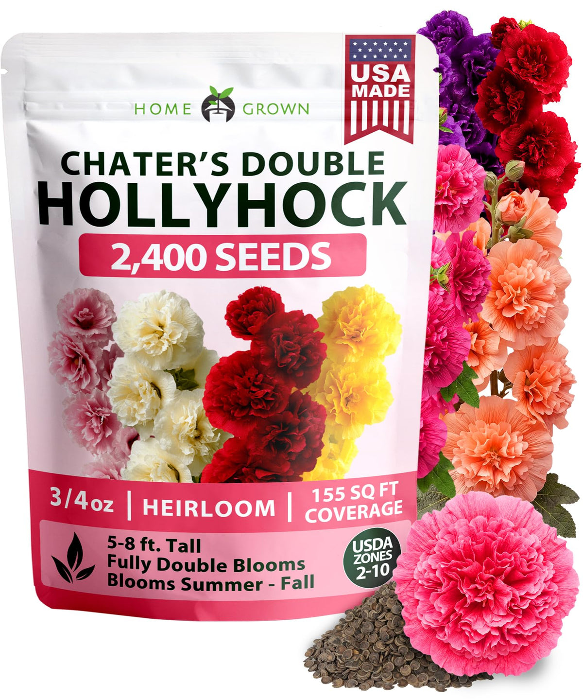 HOME GROWN Hollyhock Chaters Double blooms rise in a vertical focal point for dramatic color.