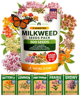 HOME GROWN Milkweed seeds five varieties on display, supporting pollinator habitats.