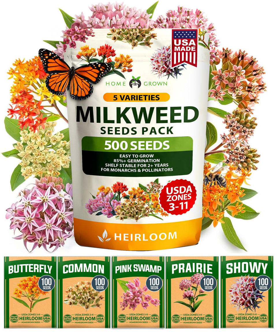 HOME GROWN Milkweed seeds five varieties on display, supporting pollinator habitats.