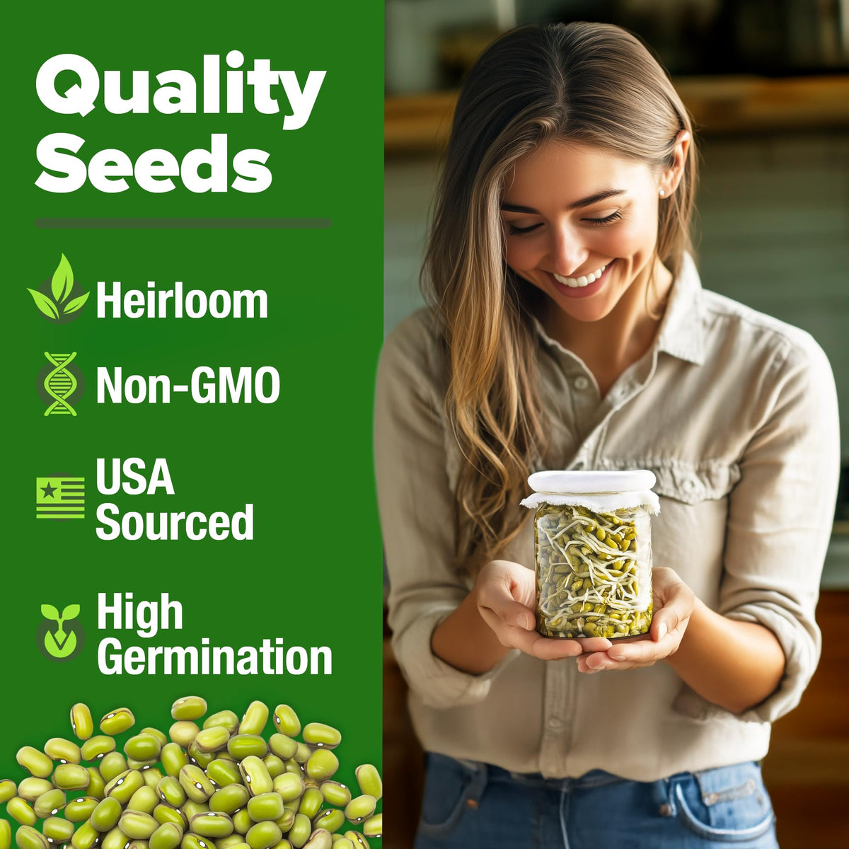 HOME GROWN mung bean seeds pack microgreens with sweet nutty flavor
