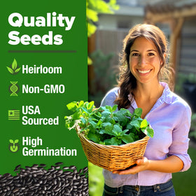 HOME GROWN peppermint seeds 2-pack label close-up, highlighting heirloom quality and non-GMO origin.