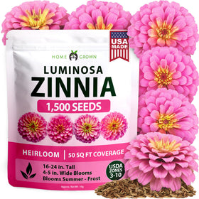 HOME GROWN Pink Zinnia Seeds bag; vibrant color for borders and container plantings.