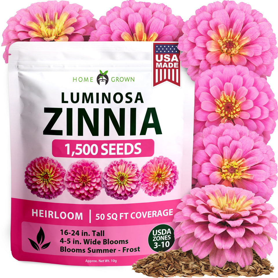 HOME GROWN Pink Zinnia Seeds bag; vibrant color for borders and container plantings.