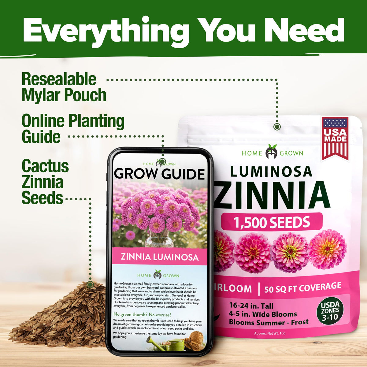 HOME GROWN Pink Zinnia Seeds ideal for bouquets with extended vase life when cut.