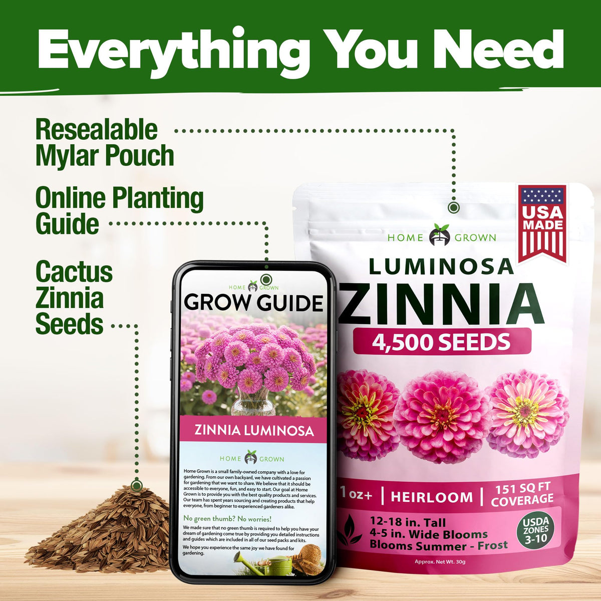 HOME GROWN Pink Zinnia Seeds sunlit bed with heat-tolerant plants