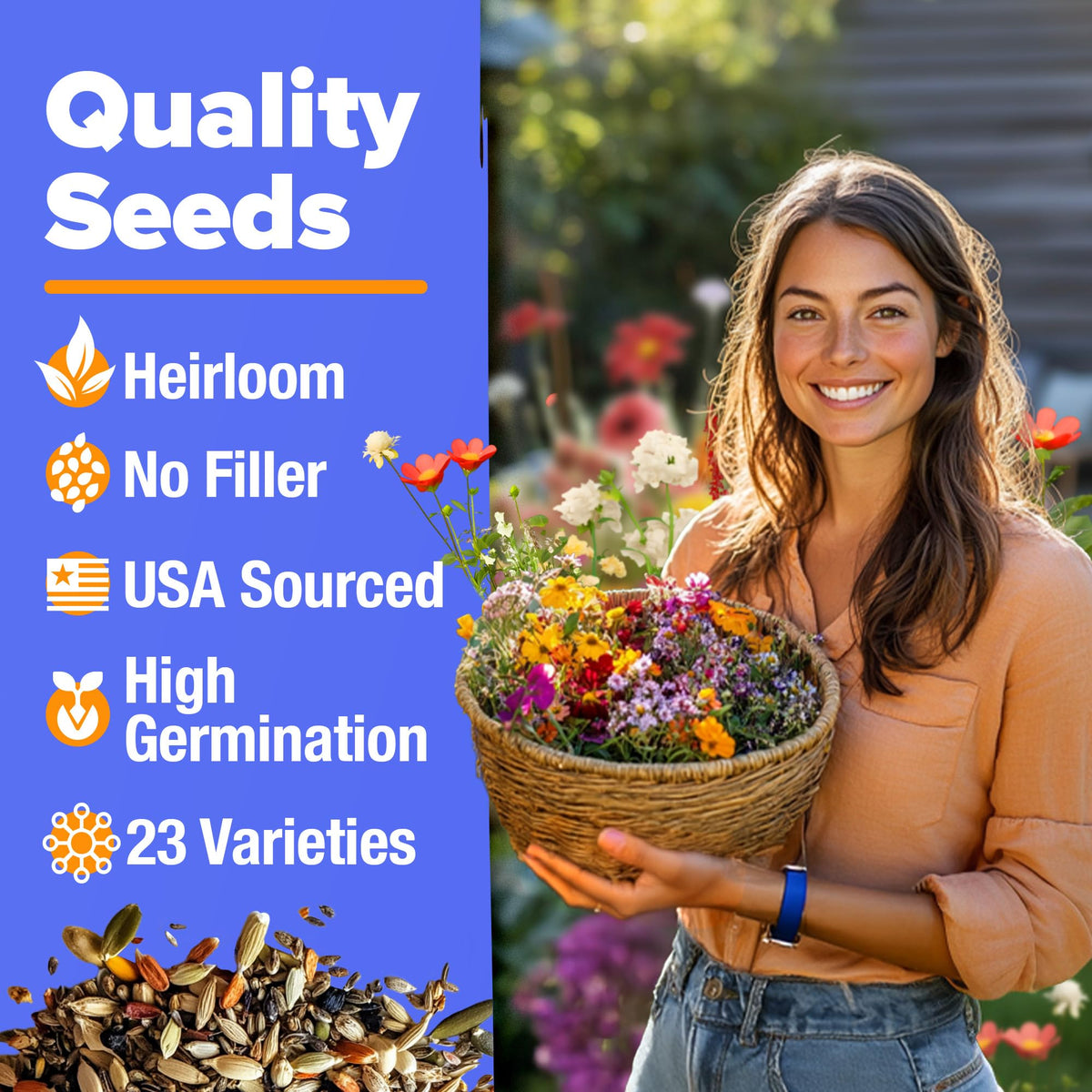 HOME GROWN Wildflower Seeds Bulk label highlights 134k+ non-GMO seeds.