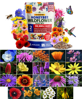 HOME GROWN bulk mix seeds in a bag show 59,300 seeds for pollinator-friendly blooms.