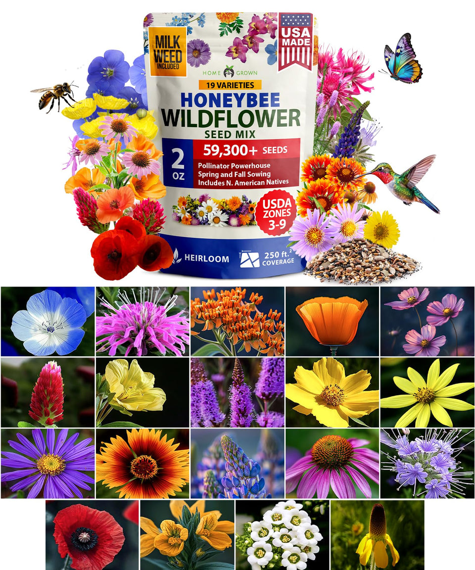 HOME GROWN bulk mix seeds in a bag show 59,300 seeds for pollinator-friendly blooms.