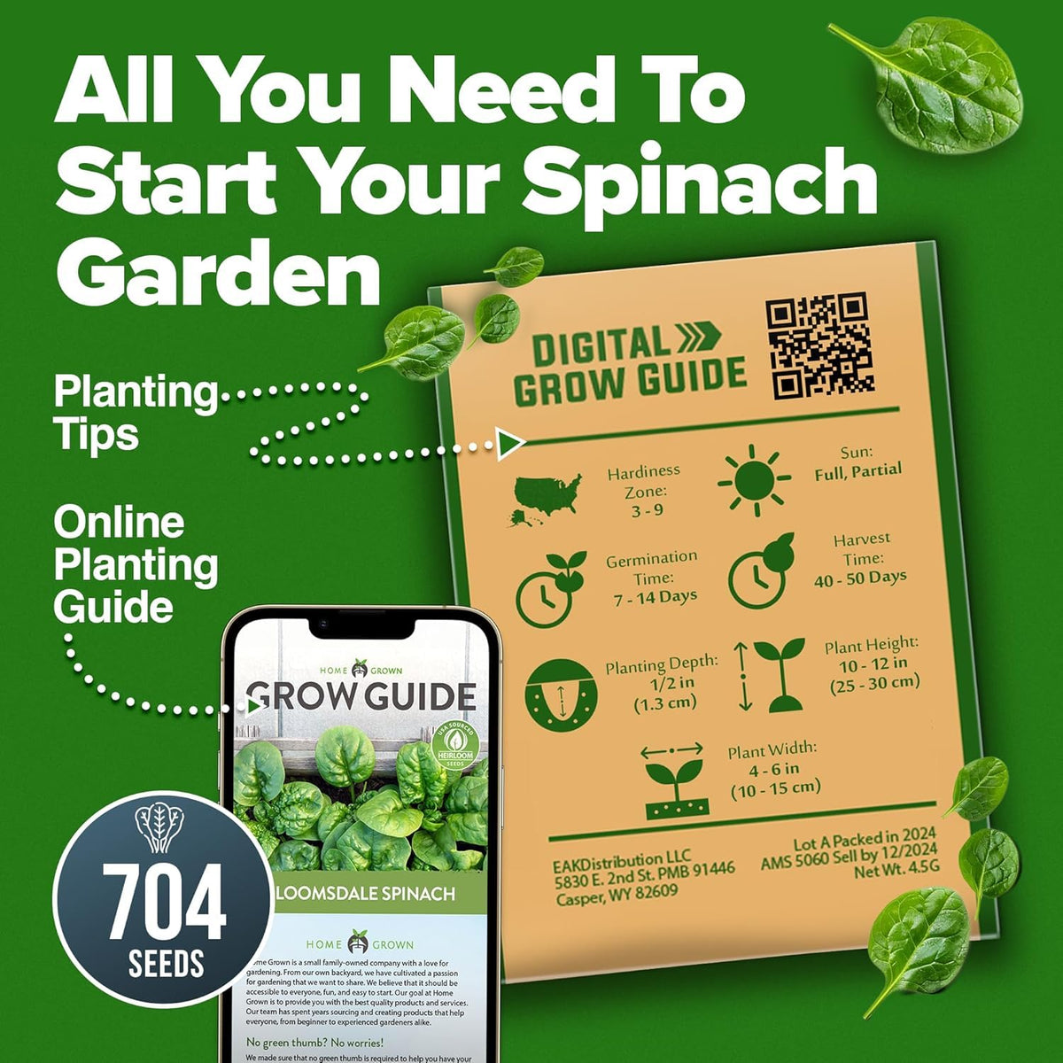 HOME GROWN trusted-brand spinach seeds, packed with care for reliable gardening