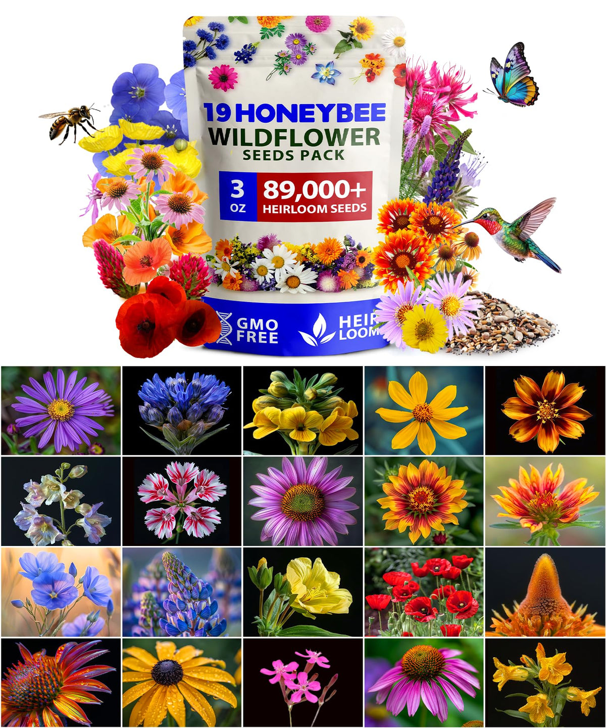 HOME GROWN wildflower seeds in a 3oz bulk pack for pollinators in a sunny garden