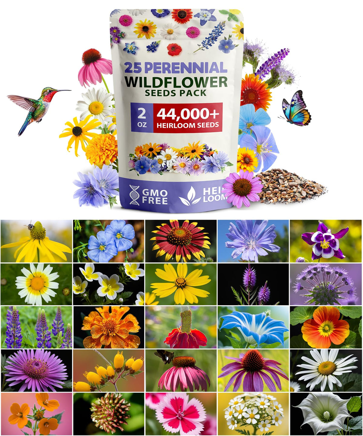 HOME GROWN Wildflower Seeds seed-packet closeup shows 19 varieties for pollinators