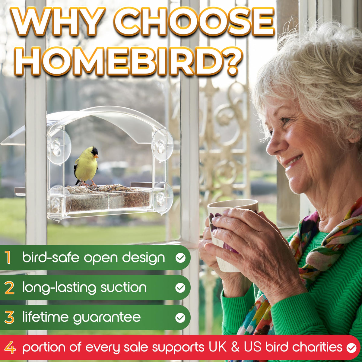 Homebird patented design offering a clear-view bird-watching experience.