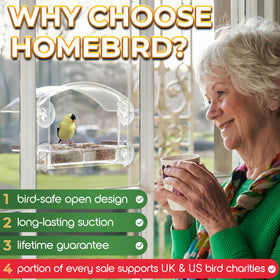 Homebird patented design offering a clear-view bird-watching experience.
