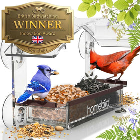 Homebird window feeder with strong suction cups for secure mounting and bird-watching.