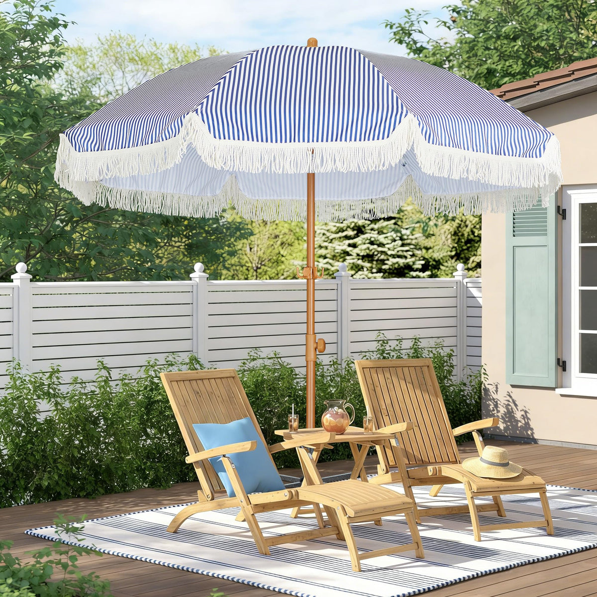 HOMEDEMO 6.5ft boho fringe umbrella with blue-white canopy providing stylish outdoor shade.